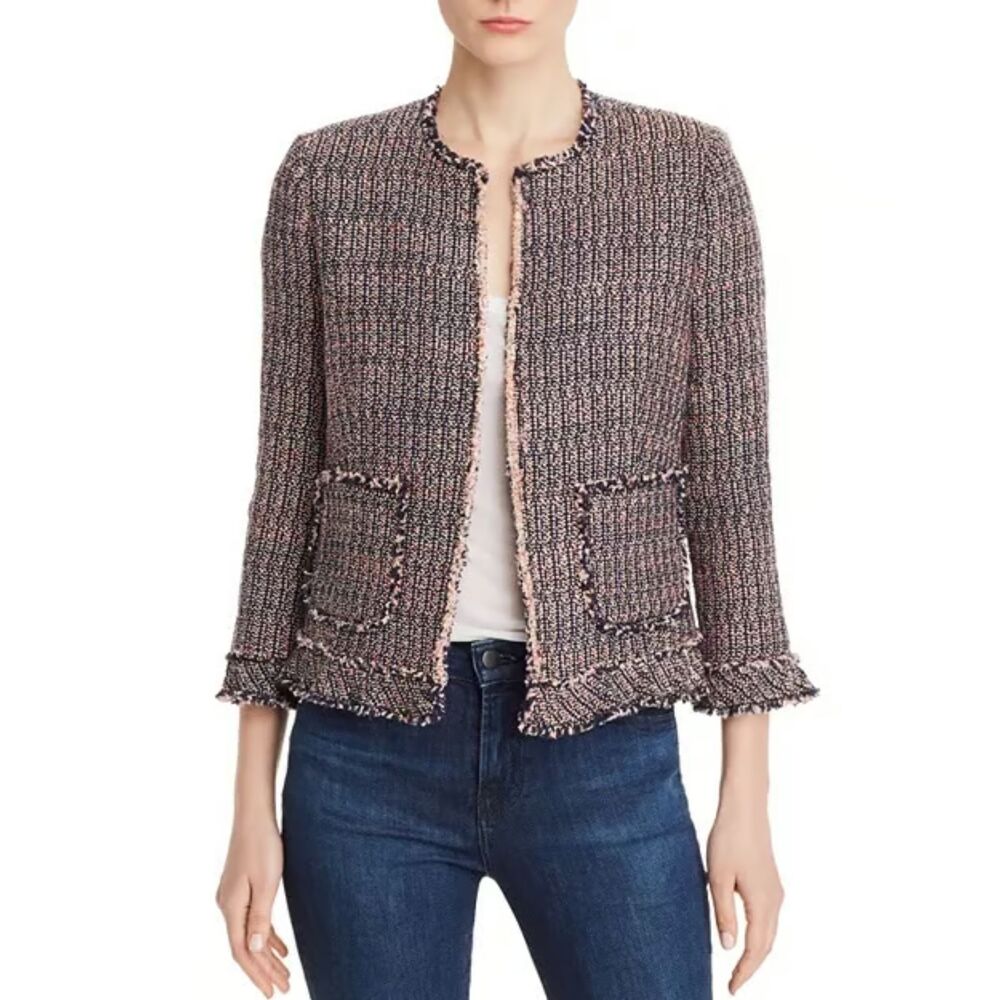 Rebecca Taylor Frayed Ruffled Tweed Jacket Women's 6 Pink Navy Preppy Old Money
